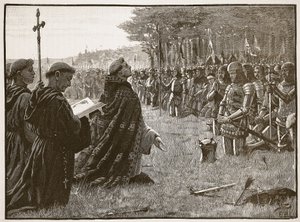 Englannin armeijan kiitospäivä Agincourtin taistelun jälkeen, 25. lokakuuta 1415, kuva Cassells Illustrated History of Englandista (seepiakuva) tekijältä English School