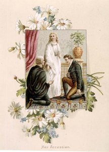 Kuningatar Victorian liittyminen, 20. kesäkuuta 1837, kuva rouva Craikin teoksesta "Fifty Golden Years", pubi. Kirjailija: Raphael Tuck tekijältä English School