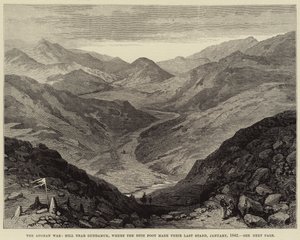 Afganistanin sota, Hill lähellä Gundamukia, jossa 44. jalka seisoi viimeisen kerran tammikuussa 1842 (kaiverrus) tekijältä English School