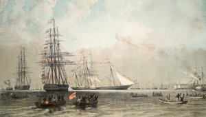 Kuninkaallisen huvijahdin saapuminen Gravesendin edustalle, 7. maaliskuuta 1863, Edward VII:n ja tanskalaisen Alexandran avioliiton muistomerkistä, pub. 1864