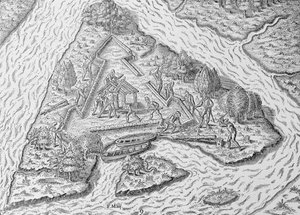 "The Building of Fort Caroline", julkaisusta "The Narrative and Critical History of America", toimittanut Justin Winsor, Lontoo, 1886 tekijältä English School
