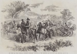 Burke and Wills Australian Exploring Expedition, retkikunnan lähtö Royal Parkista, Melbourne, 20. elokuuta 1860 (kaiverrus) tekijältä English School