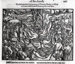Thomas Haukesin polttaminen, 10. kesäkuuta 1555, John Foxen (1516-87) teoksesta "Teot ja monumentit" 1563 tekijältä English School