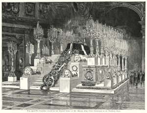 Katafalkki, joka pystytettiin Hänen Majesteettinsa kuningas Victor Emmanuelin hautajaisia varten, Pantheonissa, Roomassa (kaiverrus) tekijältä English School