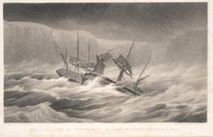 The Collision, teoksesta Voyage of Discovery and Research in th Southern and Antarctic Regions by Captain Sir James Clark Ross, pub. 1847 (kaiverrus) tekijältä English School