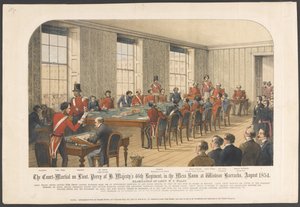 Luutnen sotatuomioistuin. Perry of H. Majestyn 46. rykmentti Windsorin kasarmin messuhuoneessa, elokuu 1854 (värilitho) tekijältä English School