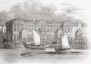 Custom House, Lontoo, Englanti, sellaisena kuin se esiintyi ennen suurta tulipaloa, vanhasta Englannista: Kuvamuseo, pubi. 1847 tekijältä English School