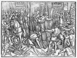 Kristuksen pysyvimpien marttyyrien, tohtori Robert Barnsin, Thomas Garretin ja William Hieromen kuolema ja polttaminen Smithfieldissä vuonna 1541, John Foxen (1516-87) teoksesta "Acts and Monuments". tekijältä English School