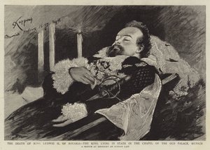Baijerin kuninkaan Ludwig II:n kuolema, kuningas, joka makaa valtiossa Vanhan palatsin kappelissa, Münchenissä (kaiverrus) tekijältä English School