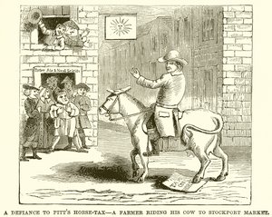 Uhmaus Pitts Horse Taxille - Maanviljelijä ratsastaa lehmällään Stockport Marketille tekijältä English School