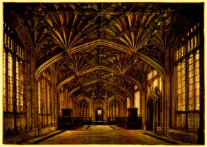 The Divinity School, Oxford: rakennettu vuosina 1445–1454, kuvitus Samuel R. Gardinerin Englannin opiskelijoiden historiasta, julkaistu 1902 (digitaalisesti paranneltu kuva) tekijältä English School
