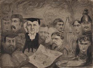 Draama Oxfordissa vuonna 1880 (kynä, tussi, harmaa tussi) tekijältä English School