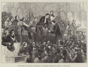 Duke of Connaught jakamassa kuningattaren piirustuspalkintoja Guildhallissa (kaiverrus) tekijältä English School