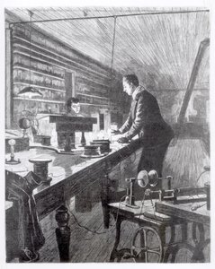 Sähkövalo, herra Edison (1847-1931) laboratoriossaan tekijältä English School