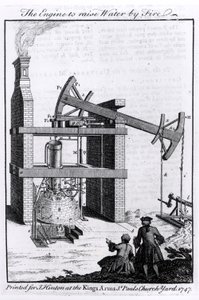 The Engine to Raise Water by Fire, kaavio Newcomenin höyrykoneesta Universal Magazinelle, 1747 tekijältä English School