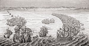 Sir Francis Draken komentama englantilainen laivasto hyökkäsi Espanjan Armadaan vuonna 1588, Lord Broughamin ja muiden "Old England