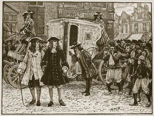 Englantilainen täysivaltainen loukattu Utrechtin kaduilla, 1712, kuva Cassells Illustrated History of Englandista (seepiakuva) tekijältä English School
