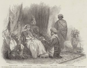 Coorgin entinen Rajah ja hänen tyttärensä prinsessa Gouramma ja sviitti (kaiverrus) tekijältä English School