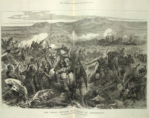 Lopullinen zulujen karkotus Ginghilovossa everstiluutnantti J. North Crealockin luonnoksista. Kuvitus The Illustrated London Newsista, 24. toukokuuta 1879 (litho) tekijältä English School