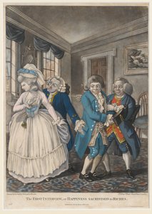 Ensimmäinen haastattelu eli rikkauksille uhrattu onnellisuus, 1784 (käsinvärinen mezzotint) tekijältä English School