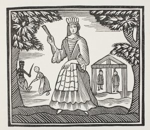 Newgatessa syntyneen Moll Flandersin onni ja epäonni, kuvitus John Ashtonin kirjasta Chap-books of the Eighteenth Century, pub. 1882