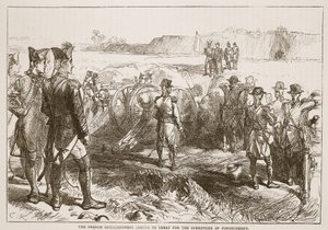 Ranskan komissaarit tulevat hoitamaan Pondicherryn antautumista, esimerkki James Grantin Cassells Illustrated History of Indiasta, pub. 1879 tekijältä English School