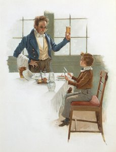 Ystävällinen tarjoilija, Charles Dickensin (1812-70) kuvitus David Copperfieldille (1850) tekijältä English School