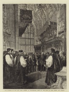 Edesmenneen dekaanin Stanleyn hautajaiset Westminster Abbeyssä, kuningas Henrik VII:n kappelin haudalla (kaiverrus) tekijältä English School