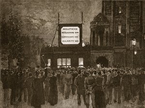Vuoden 1892 yleisvaalit: Tulosten julkistaminen National Liberal Clubissa, kuvitus Cassells Illustrated History of Englandista (seepiakuva) tekijältä English School