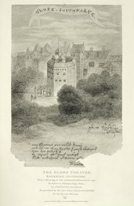 The Globe Theatre, Bankside, Southwark, Pennants London -piirustuksen jälkeen, julkaistu ensimmäisen kerran 1793, kaivertanut James Stow (n. 1770-s. 1820), julkaistu vuonna 1812. tekijältä English School