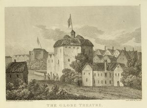 The Globe Theatre on the Bankside sellaisena kuin se esiintyi James I:n hallituskaudella (1566-1625), kaiverruksen n. 1612 jälkeen, julkaistu 1810 tekijältä English School