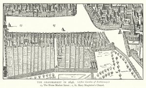 Grassmarket vuonna 1646 (kaiverrus) tekijältä English School