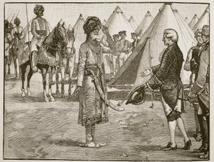 Suuri Moghul saapumassa Englannin leiriin, 1765, kuva Cassells Illustrated History of Englandista (seepiakuva) tekijältä English School
