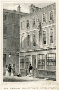 Grecian Coffee House, Devereux Court, Strand, jossa on Ben Johnsonin rintakuva (kaiverrus) tekijältä English School