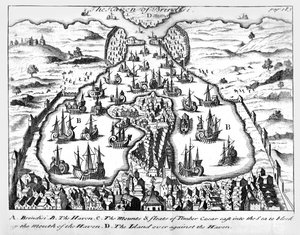 Brindisin satama, kuvitus "Julius Caesarin kommentteihin hänen Gallian sodistaan ja sisällissodasta Pompeuksen kanssa", Martin Bladenin englannin kielelle kääntämä, julkaistu 1706