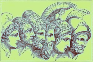Troijan sodan sankarit: Paris, Diomedes, Odysseus, Nestor, Akhilleus, Agamemnon, kuvitus teoksesta The Illustrated History of the World, julkaistu noin 1880 (digitaalisesti paranneltu kuva) tekijältä English School