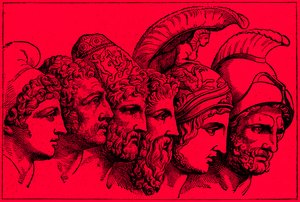 Troijan sodan sankarit: Paris, Diomedes, Odysseus, Nestor, Akhilleus, Agamemnon, kuvitus teoksesta The Illustrated History of the World, julkaistu noin 1880 (digitaalisesti paranneltu kuva) tekijältä English School