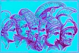 Troijan sodan sankarit: Paris, Diomedes, Odysseus, Nestor, Akhilleus, Agamemnon, kuvitus teoksesta The Illustrated History of the World, julkaistu noin 1880 (digitaalisesti paranneltu kuva) tekijältä English School