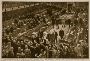 Historiallinen kohtaus alahuoneessa, kun sotilaspalvelulaki hyväksyi kolmannen käsittelyn, 1914-1919 tekijältä English School