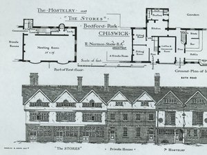 The Hostelry and The Stores, Bedford Park, Chiswick, The Building News, 1877 tekijältä English School