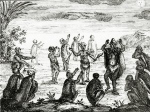 The Hottentots Worship the Moon, kuvitus Peter Kolbin teoksesta "Hyväntoivon niemen nykytila", julkaistu 1731 tekijältä English School