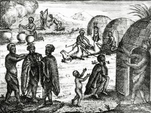 Hottentotit rakastavat tiettyä hyönteistä, kuva Peter Kolbin teoksesta "Hyväntoivon niemen nykytila", julkaistu vuonna 1731. tekijältä English School