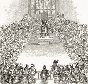 James I:n aikainen alahuone, pastori Richard Lovettin teoksesta "London Pictures: Drawn with Pen and Pencil", julkaistu 1890 tekijältä English School