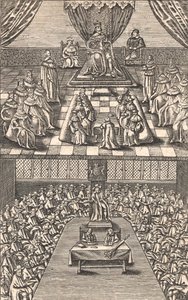 Kuningas Kaarle I:n johtama Lordihuone ja alahuone, n. 1640 (värillinen puupiirros) tekijältä English School