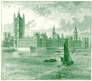 Parlamenttitalo ja Westminster Abbey, kuvitus George Chisolmin teoksesta The World sellaisena kuin se on, julkaistu 1885 (digitaalisesti paranneltu kuva) tekijältä English School