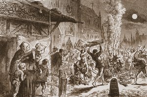Ikonoklastit Baselissa polttavat kuvia ja epäjumalia, kuvitus James Aitken Wylien (1808-1890) Protestantismin historiasta, pub. 1878 tekijältä English School