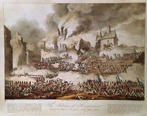 Hougoumontin sisustus taistelun aikana kunniakkaalla 18. kesäkuuta 1815, kaivertanut T. Sutherland, julkaistu 1816 (akvatinta) tekijältä English School