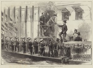 Walesin prinssi vastaanotti Kreikan kuninkaan HMS Serapis -laivalla (kaiverrus) tekijältä English School