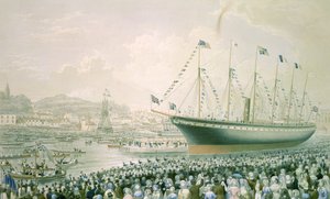 Höyrylaivan "The Great Britain" laukaisu Bristolissa, 9. heinäkuuta 1843, noin 1843 (väri litho) tekijältä English School