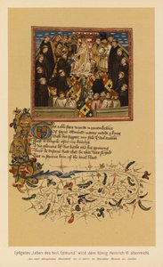 John Lydgaten kirjoittama Pyhän Edmundin, kuninkaan ja marttyyrin elämä, lahjoitus Henrik VI:lle (värilitografia). tekijältä English School